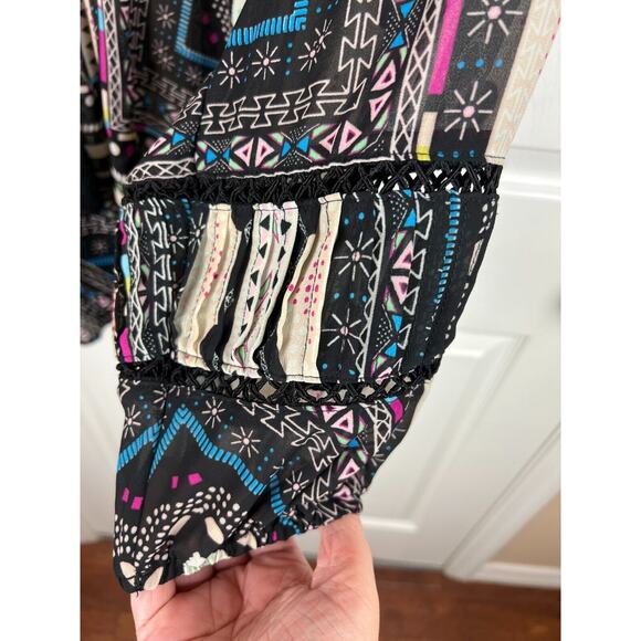 Democracy Sheer Black Blue Boho Print Chiffon Tassel Western Blouse 1X - Picture 7 of 11